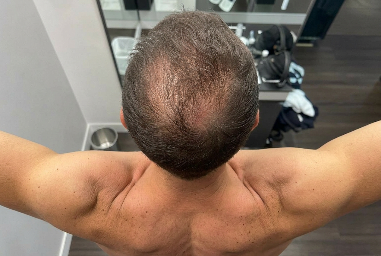 Man examining his thinning hair in the bathroom mirror